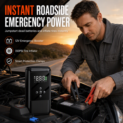 All-in-One Car Jump Starter and Tire Inflator Battery Booster with Smart Clamps and EVA Storage Case